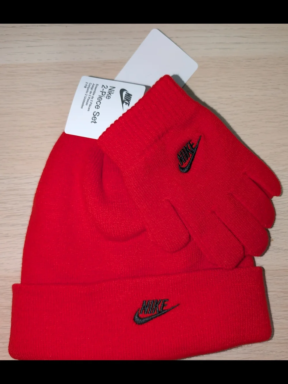 Nike Youth Red Knit Beanie and Glove Set with Black Logo